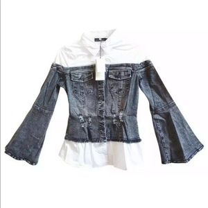 $280 Yellowstone Cowgirl Blouse Small 2 4 Distressed Denim Top Contrast Poplin